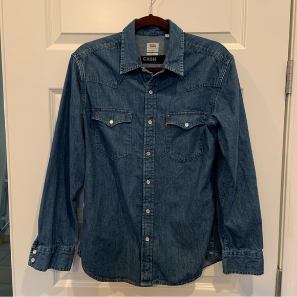 Custom Made Johnny Cash Graphic on Levi’s Western Pearl Snap Denim Shirt Sz M - Picture 4 of 6